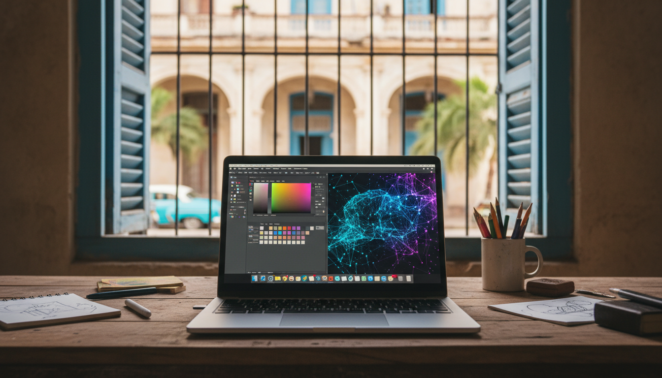 Diseñador gráfico utilizando herramientas de IA en el diseño gráfico en un estudio creativo en Cuba.