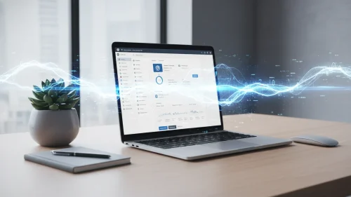Escritorio profesional con laptop mostrando el plugin AIBlogger para WordPress y elementos de inteligencia artificial.