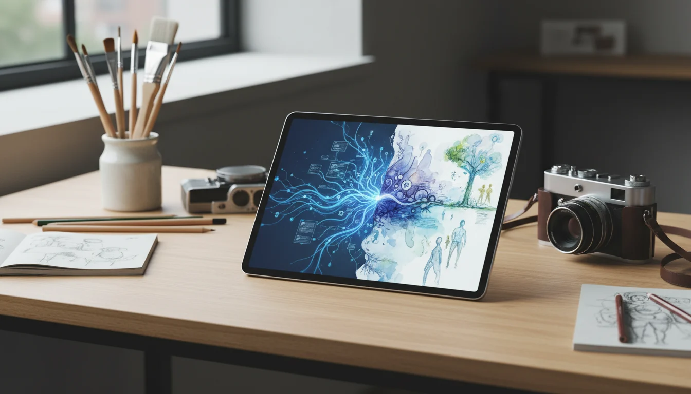 Metáfora visual sobre el lado oscuro de la IA y la creatividad humana en el diseño.