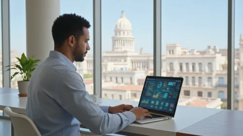 Emprendedor cubano utilizando inteligencia artificial en su negocio en La Habana.