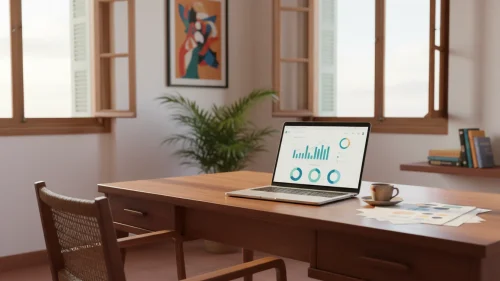 Escritorio de un profesional creativo con herramientas de diseño y gestión financiera en Cuba