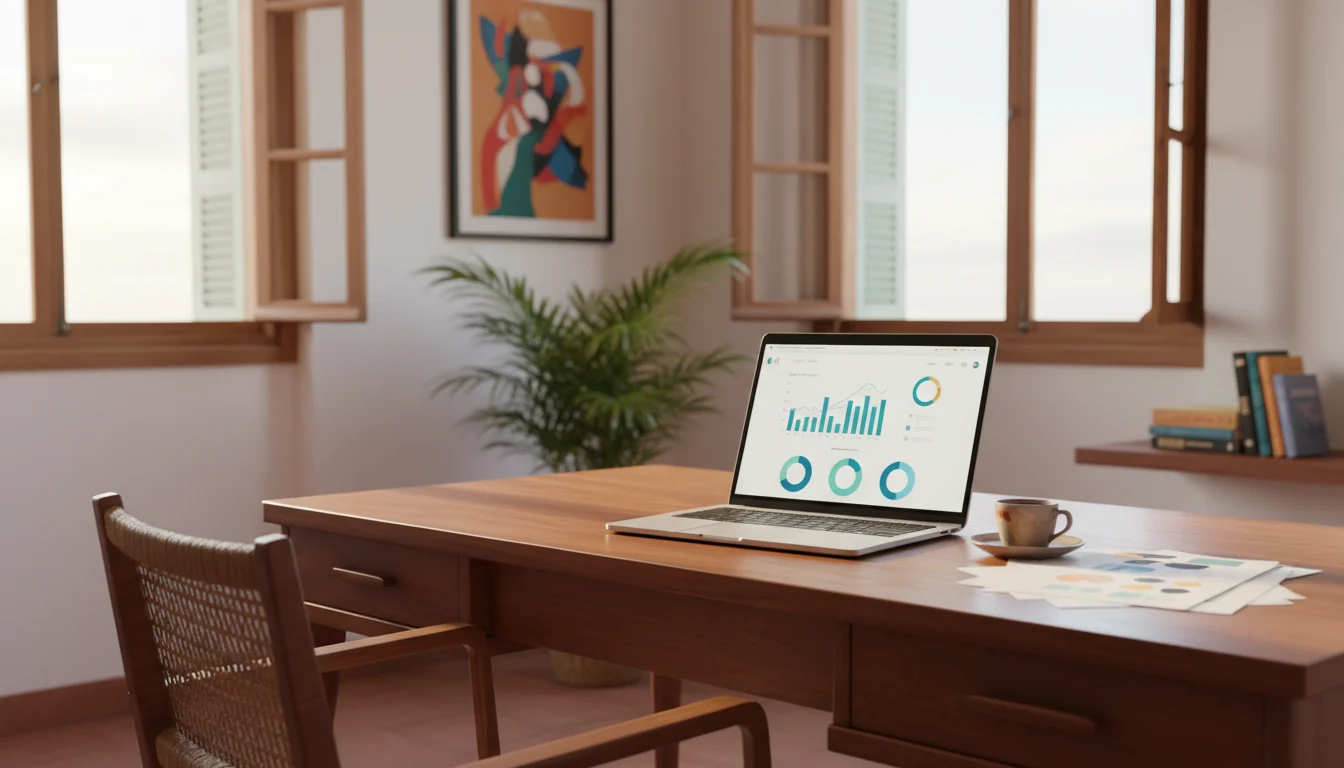 Escritorio de un profesional creativo con herramientas de diseño y gestión financiera en Cuba