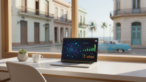 Emprendedor en Cuba utilizando inteligencia artificial en su laptop para potenciar su negocio.