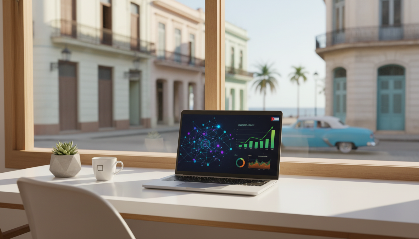 Emprendedor en Cuba utilizando inteligencia artificial en su laptop para potenciar su negocio.