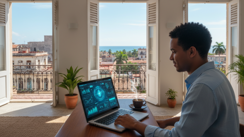 Emprendedor cubano trabajando con herramientas de inteligencia artificial en una oficina moderna en La Habana.