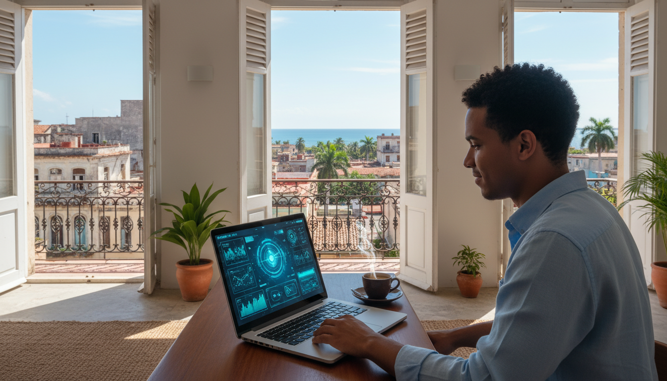 Emprendedor cubano trabajando con herramientas de inteligencia artificial en una oficina moderna en La Habana.