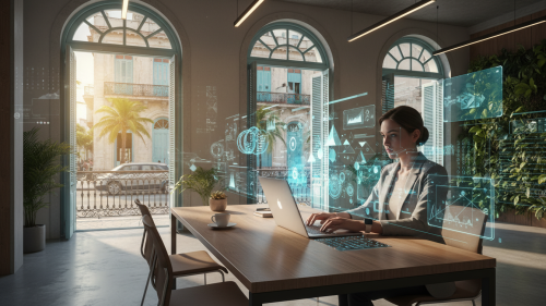 Profesional trabajando con inteligencia artificial en un entorno moderno y tecnológico.