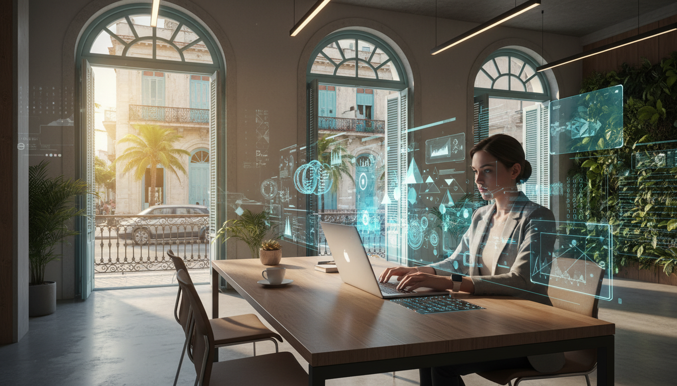 Profesional trabajando con inteligencia artificial en un entorno moderno y tecnológico.