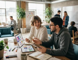 Vendedor consultivo explicando el valor de la diferencia a un cliente.