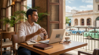 Emprendedor cubano trabajando en su negocio con su laptop en La Habana