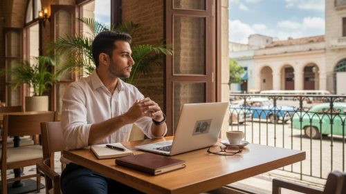 Emprendedor cubano trabajando en su negocio con su laptop en La Habana