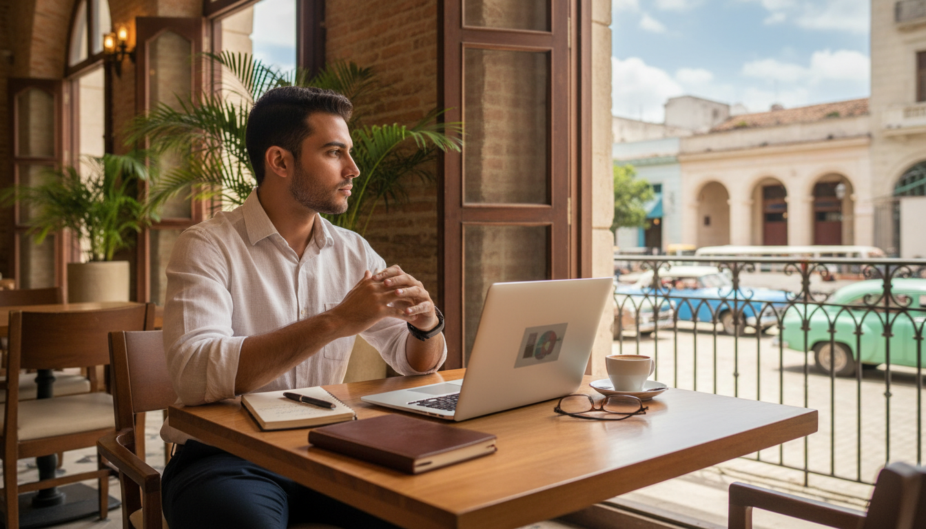 Emprendedor cubano trabajando en su negocio con su laptop en La Habana