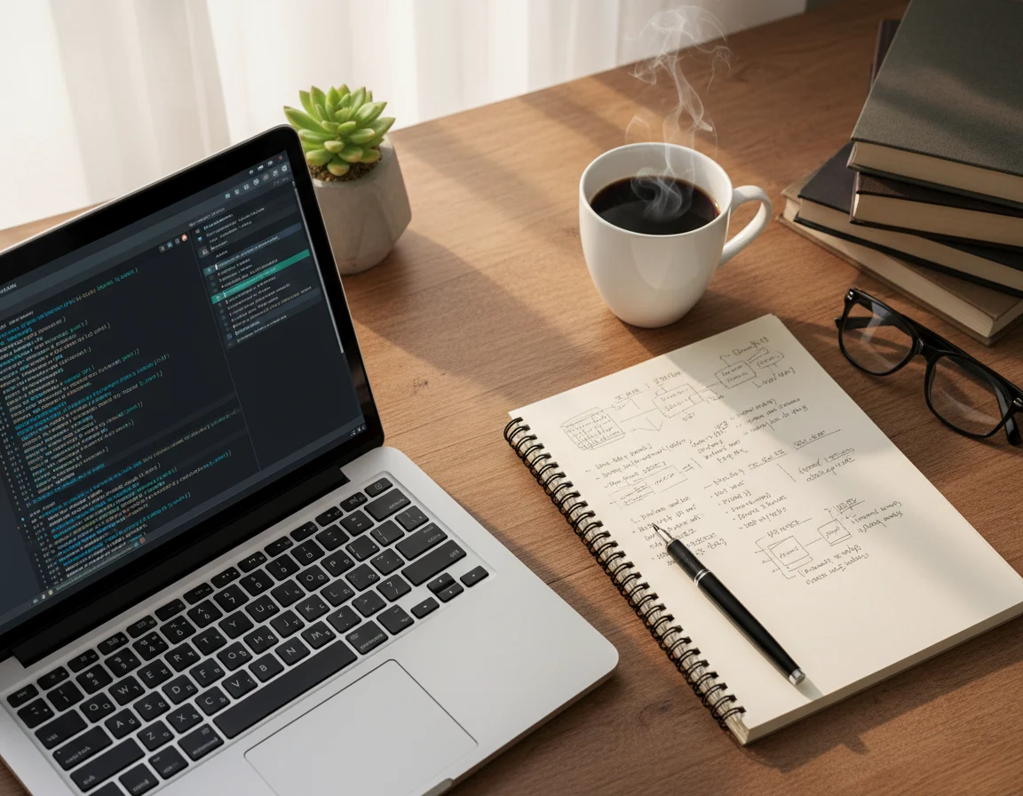 Espacio de trabajo híbrido combinando herramientas digitales y creatividad humana.