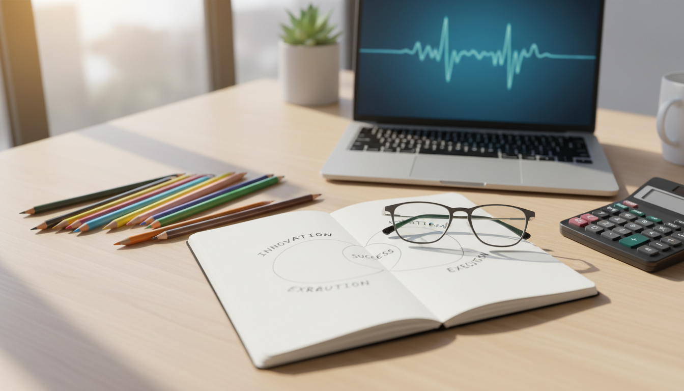 Diagrama de los cuatro círculos del método Ikigai dibujado en una libreta de emprendedor sobre un escritorio de trabajo.