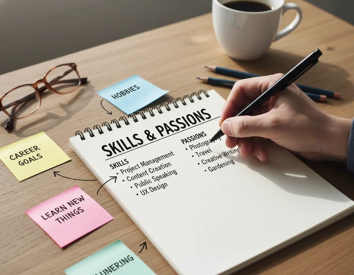 Emprendedor realizando una lista de habilidades y pasiones para encontrar su nicho de mercado.