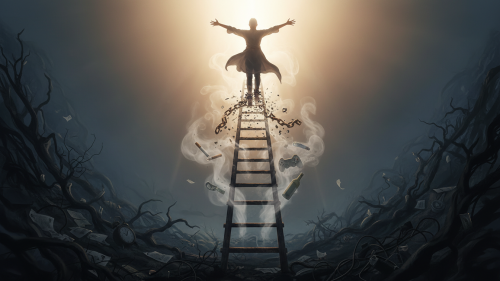 Emprendedor rompiendo cadenas de mentalidad empobrecedora subiendo escaleras hacia el éxito