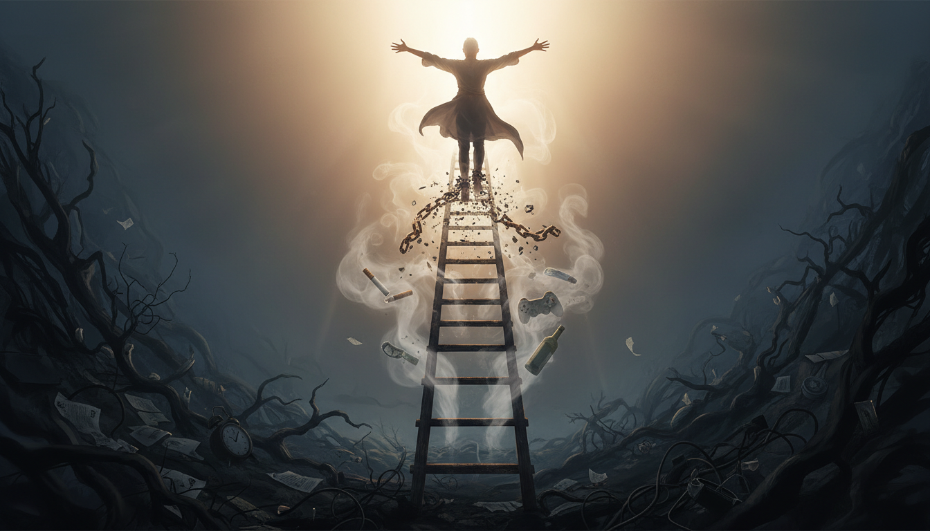 Emprendedor rompiendo cadenas de mentalidad empobrecedora subiendo escaleras hacia el éxito