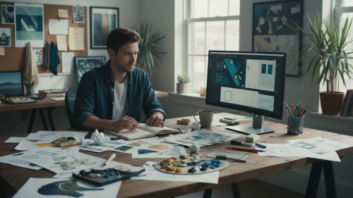 Emprendedor analizando detalles y superando errores de diseño en su computadora