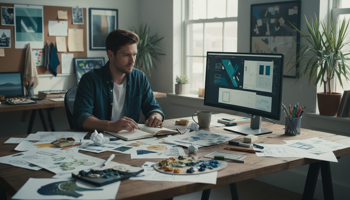 Emprendedor analizando detalles y superando errores de diseño en su computadora