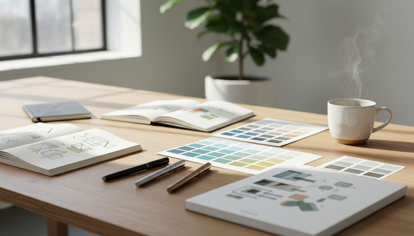 Mesa de diseño con elementos de estrategia de branding y libretas de bocetos