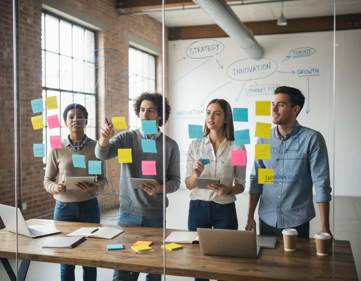 Equipo de emprendedores planificando visualmente su estrategia de branding