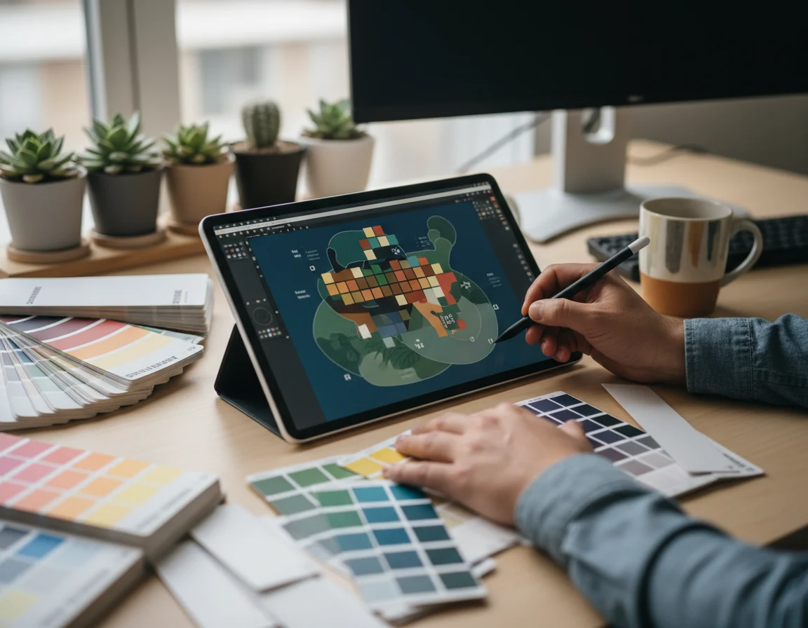 Diseñador gráfico seleccionando paletas de colores para la identidad visual de una marca
