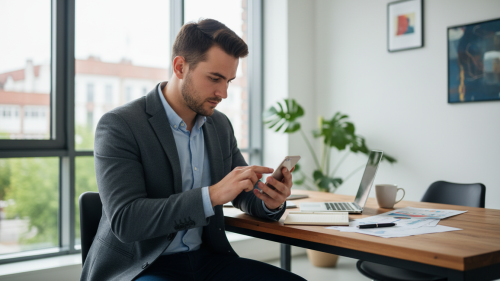 Emprendedor revisando mensajes de WhatsApp para atención al cliente en su negocio.
