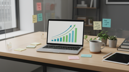 Escritorio de trabajo moderno con gráficos de SEO y crecimiento en la pantalla de una computadora portátil.