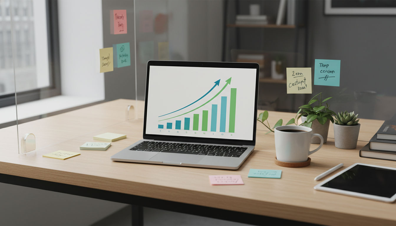 Escritorio de trabajo moderno con gráficos de SEO y crecimiento en la pantalla de una computadora portátil.