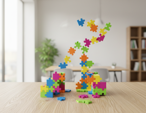 Representación abstracta de una estructura web incompleta sin cimientos sólidos.