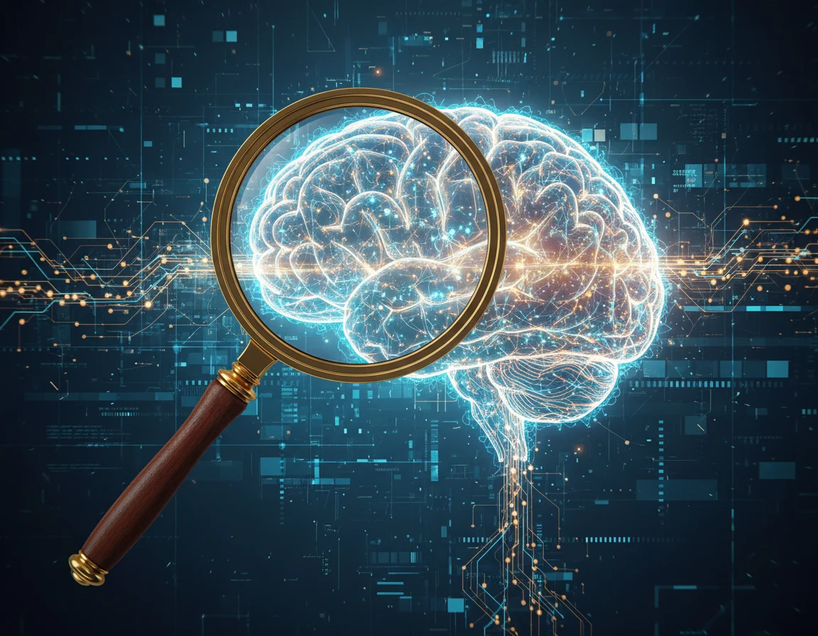 Cerebro de inteligencia artificial conectado a una lupa de búsqueda tecnológica.