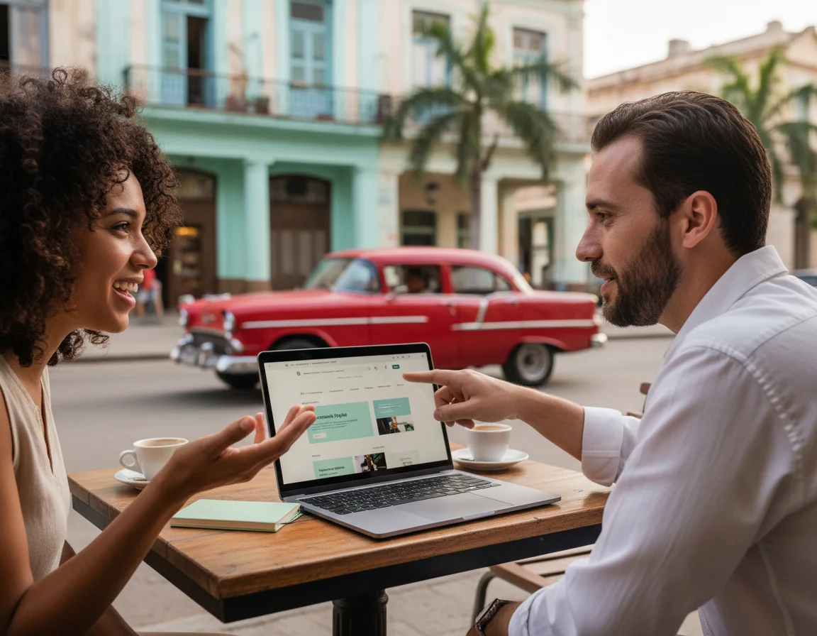 Emprendedores en Cuba revisando una web optimizada y accesible para todos los usuarios.