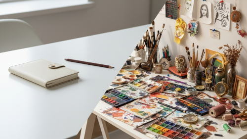 Comparativa visual entre los elementos del diseño minimalista y el diseño maximalista en un entorno de trabajo creativo.