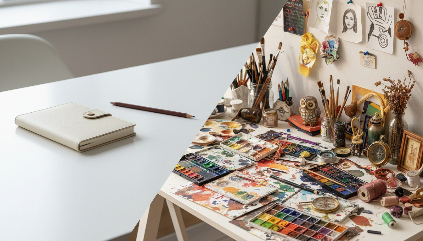 Comparativa visual entre los elementos del diseño minimalista y el diseño maximalista en un entorno de trabajo creativo.